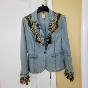 Light Blue Embroidered Ruffle-Trim Denim Blazer